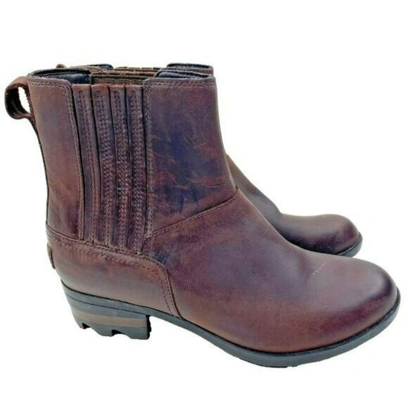 Sorel Boots Womens Size 7 Lolla Chelsea Ankle Booties Brown Leather Pull On - Picture 1 of 7